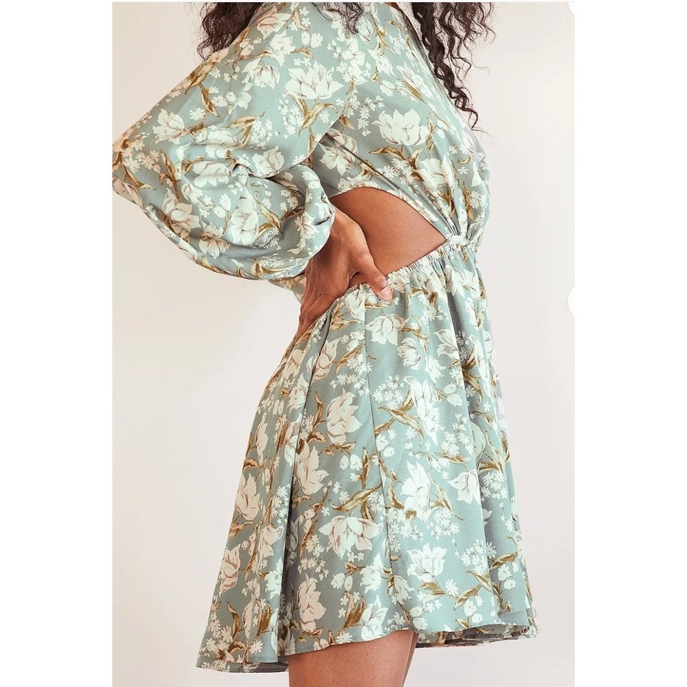 Lulus Dress Women Medium First Blooms Dusty Blue Floral Print Long Sleeve Cutout - Picture 5 of 13